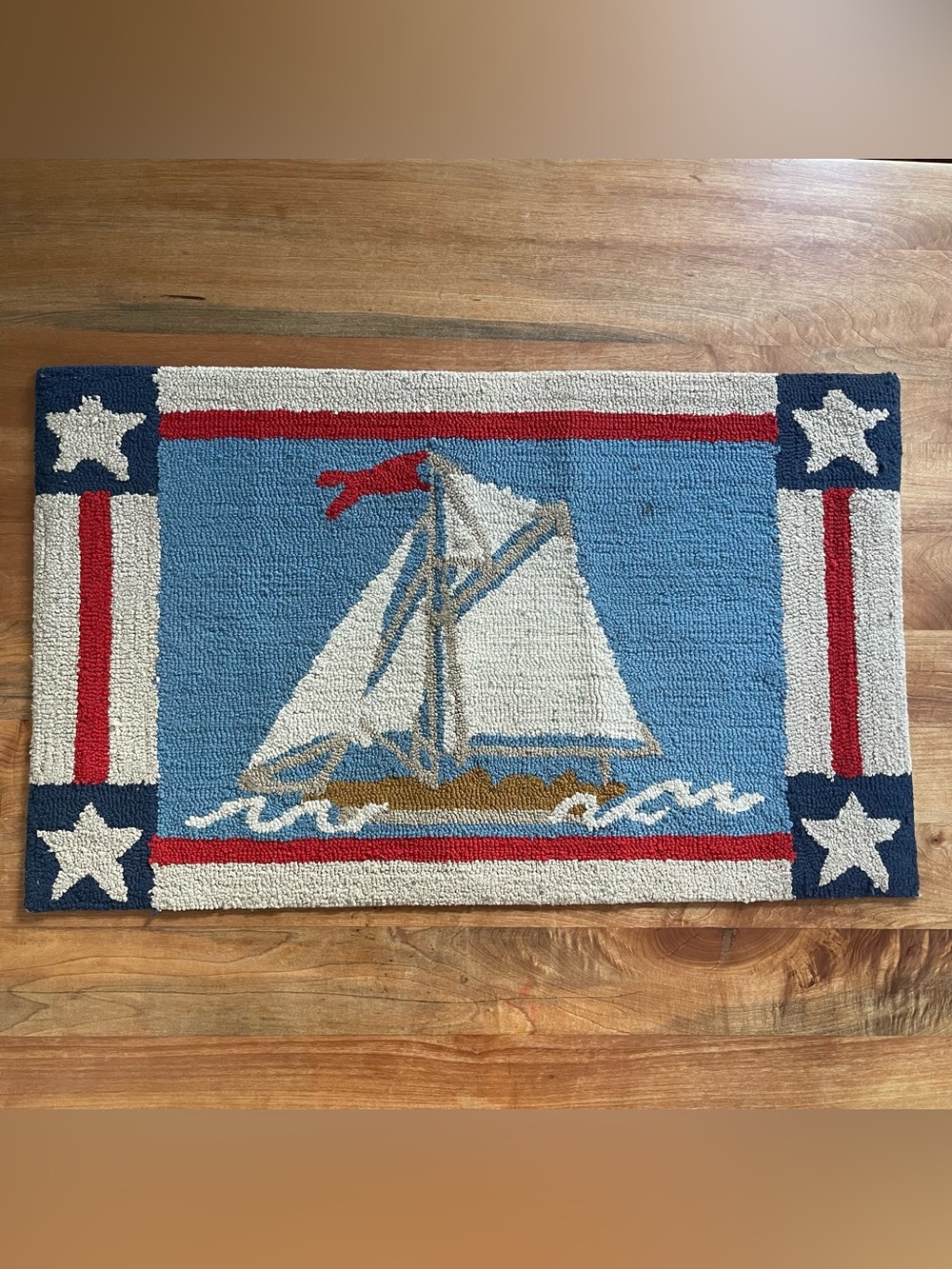 Vintage Handmade Nautical Hook Rug Sailboat Boat 18 x 29 Stars Patriotic Mat
